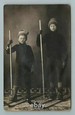 1904-1920's Cross Country Skiers Boys Brothers Hats Skiing Skis RPPC Postcard