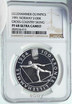 1991 NORWAY Olympics LILLEHAMMER Cross Country Ski Silver 100 Kr Coin NGC i86674