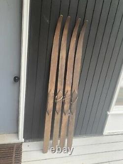 Antique Lot Of 2 Pair WOODEN Skis 70 Long Paris Mfg Maine Snow Cross Country