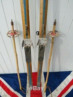 RARE CROSS COUNTRY ANTIQUE VINTAGE WOODEN SKIS & POLES SKI SKIING PROP 190cm