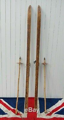 RARE CROSS COUNTRY ANTIQUE VINTAGE WOODEN SKIS & POLES SKI SKIING PROP 190cm