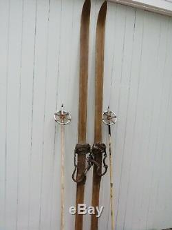RARE CROSS COUNTRY SKIING ANTIQUE VINTAGE OLD WOODEN SKIS & POLES 201cm