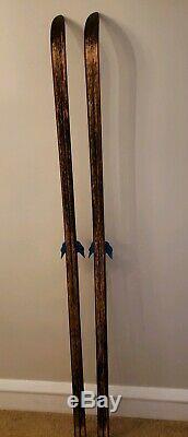 Vintage Antique Wooden Cross Country Bonna Blue Skis With Bindings 195 GORGEOUS