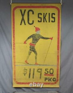 Vintage Cross Country XC Skis Store Display Sign Painted Canvas Skiing Folk Art