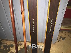 Vintage Madshus Cross Country Wooden Skis with Poles RARE HTF Metal Bindings