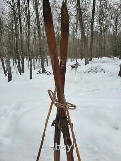 Vintage Oak Cross Country Ski And Bamboo Poles With Leather/straps, handles