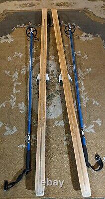 Vintage Winter Sports Brown Wooden Snow Skis Binding &poles Laasanan Elit 81