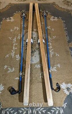 Vintage Winter Sports Brown Wooden Snow Skis Binding &poles Laasanan Elit 81